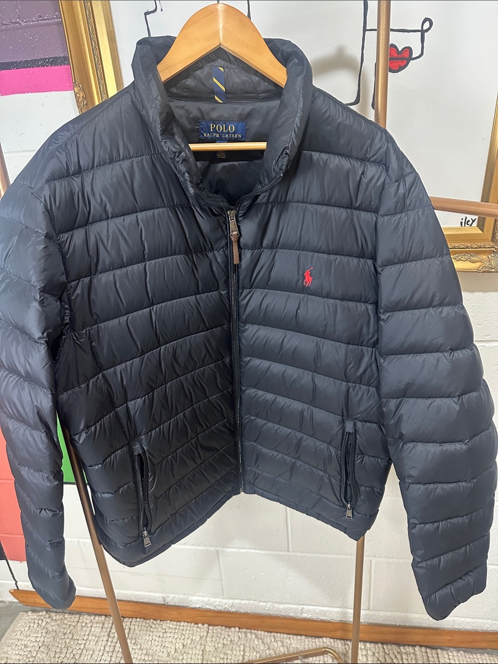 Polo by Ralph Lauren Black Quilted Packable Puffer Jacket with Red Logo